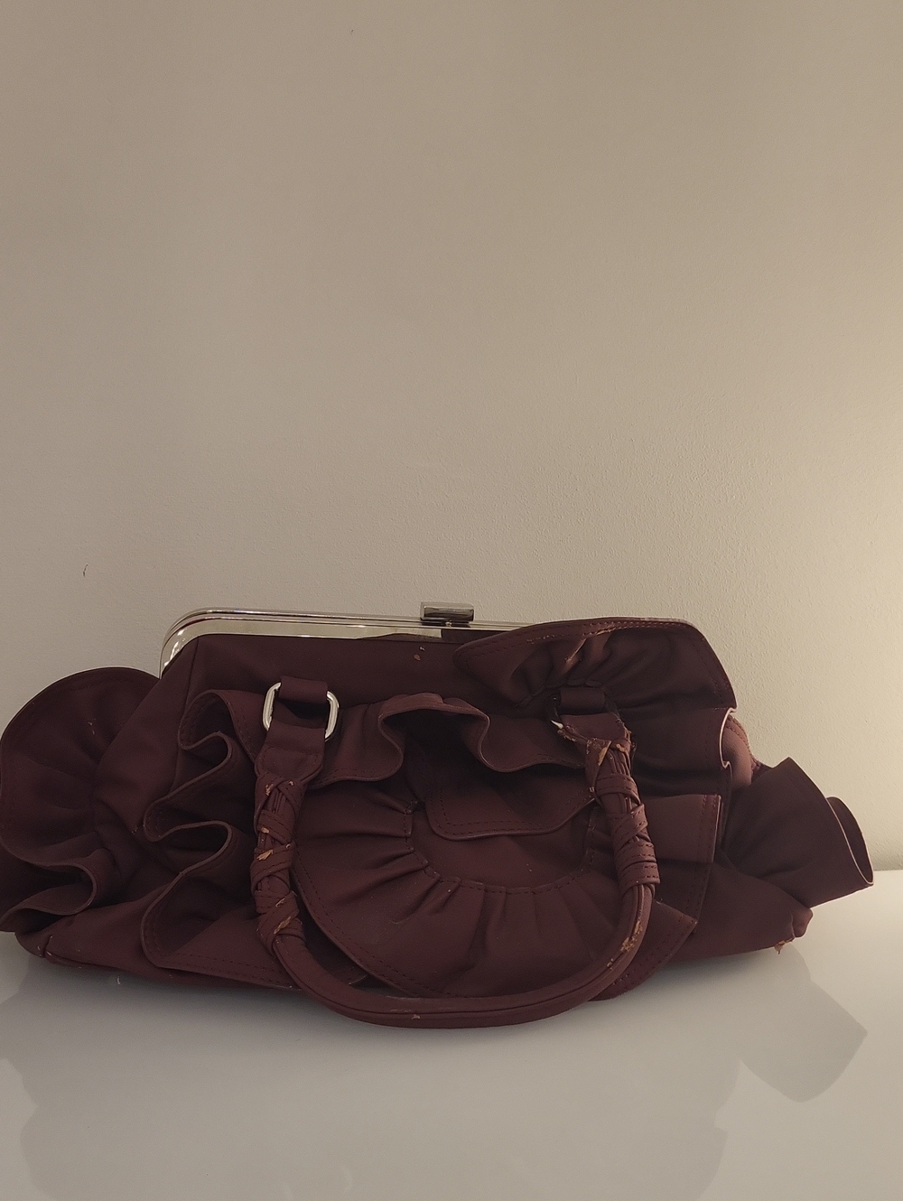 Burgundy Elegant Ruffle Detail Brown Women's Handbag